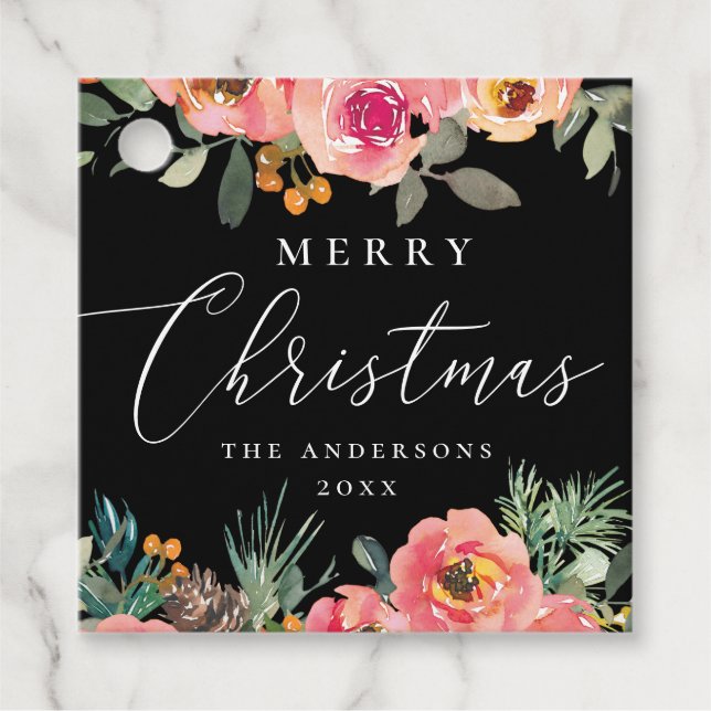 Étiquettes Cadeau Joyeux Noël | Vacances florales et pins noirs (Devant)