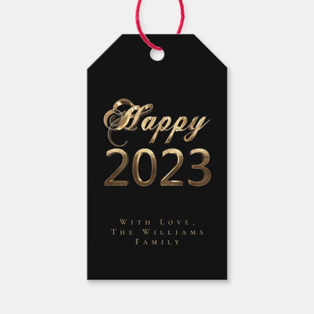 Étiquettes-cadeau Joyeux Nouvel An 2023 Script chic noir et or (Devant)