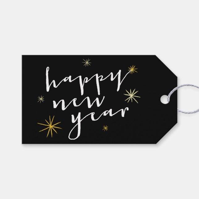 Étiquettes-cadeau Joyeux Nouvel An Script moderne Chic Gold Starburs (Devant (Horizontal))
