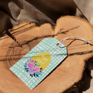 Étiquettes-cadeau Joyeux oeuf de Pâques rustique plaid à l'orange