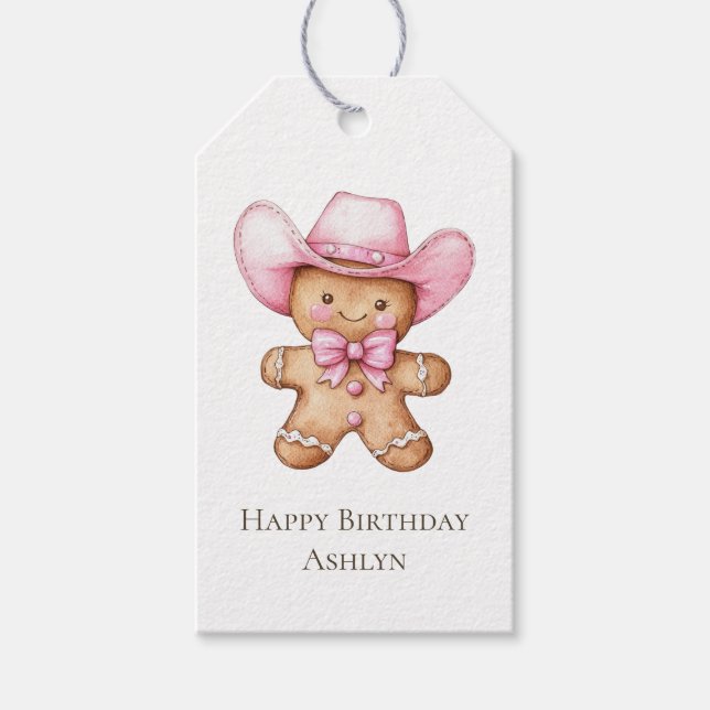 Étiquettes-cadeau Joyeux pain d'épice rose fille anniversaire (Devant)
