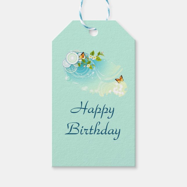 Étiquettes-cadeau Joyeux papillons d'anniversaire et fleurs (Devant)