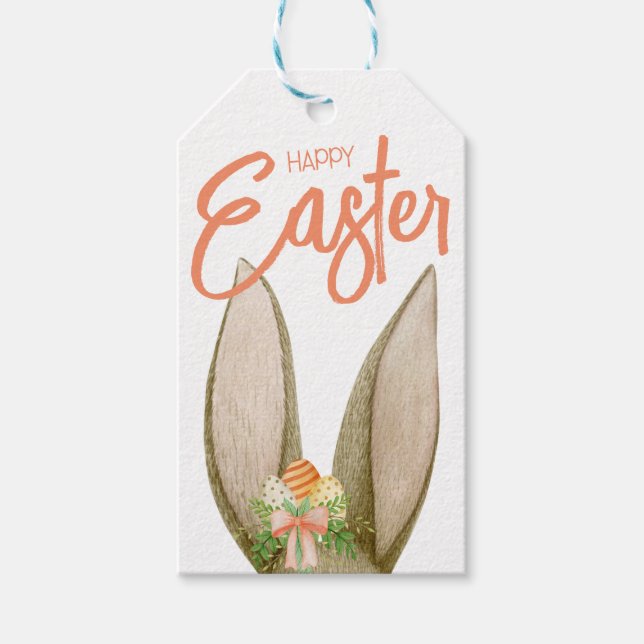 Étiquettes-cadeau Joyeux Pâques, Oreilles De Lapin, Oeufs, Fleurs (Devant)