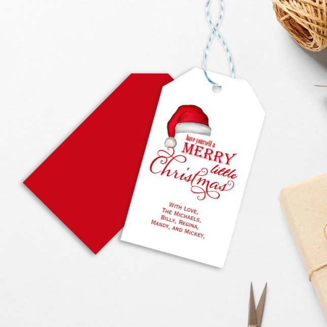 Étiquettes-cadeau Joyeux petit Noël mignon personnalisé (Merry little Christmas holiday gift tag with watercolor Santa Hat. )