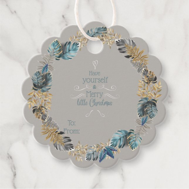 Étiquettes Cadeau Joyeux petit Noël Moderne Bleu Folithe Wreath (Devant)