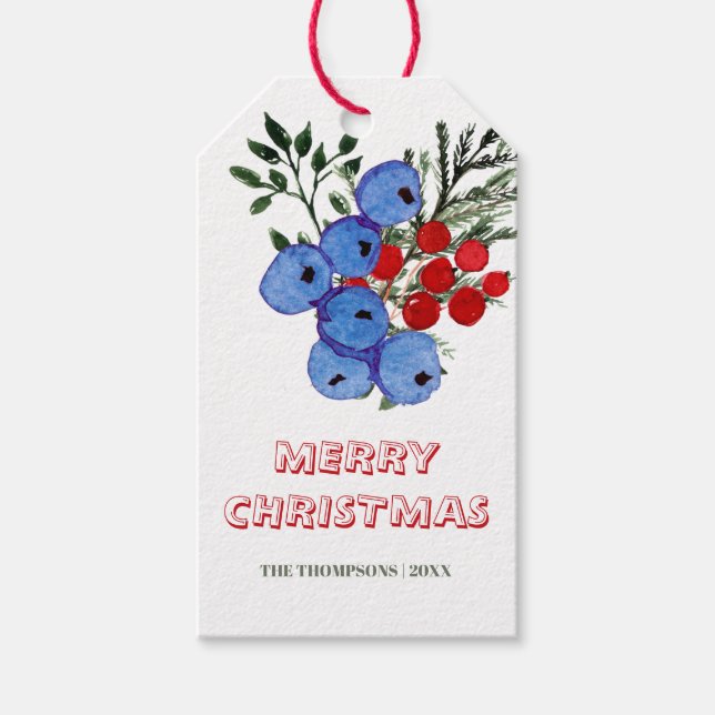 Étiquettes-cadeau Joyeux Pine de Noël Berries d'hiver Vacances verte (Devant)