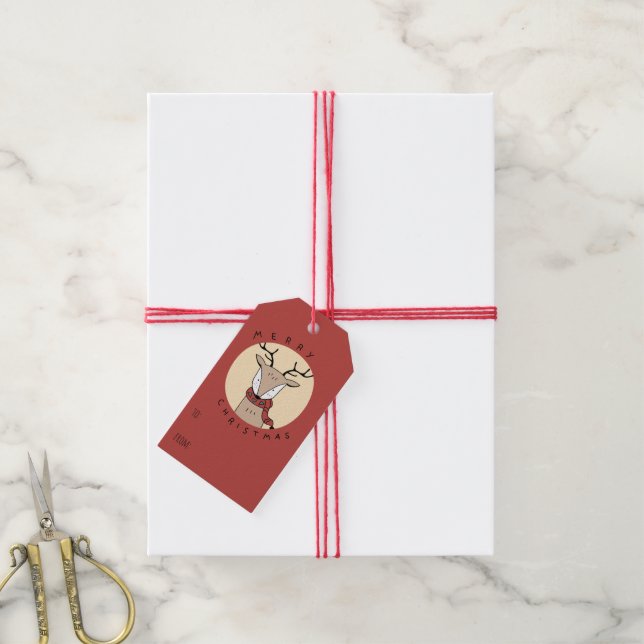 Étiquettes-cadeau Joyeux rennes de Noël avec Écharpe (Avec de la ficelle)