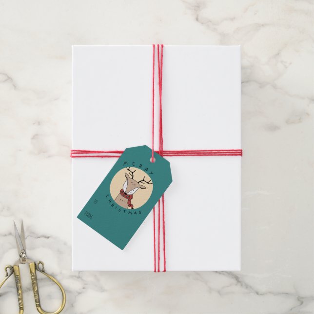 Étiquettes-cadeau Joyeux rennes de Noël avec Écharpe (Avec de la ficelle)