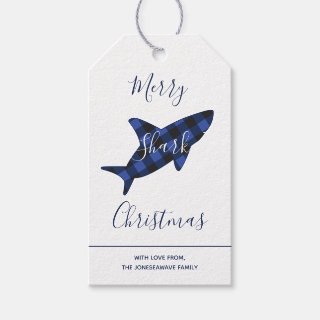 Étiquettes-cadeau Joyeux requin Noël bleu plaid Script (Devant)