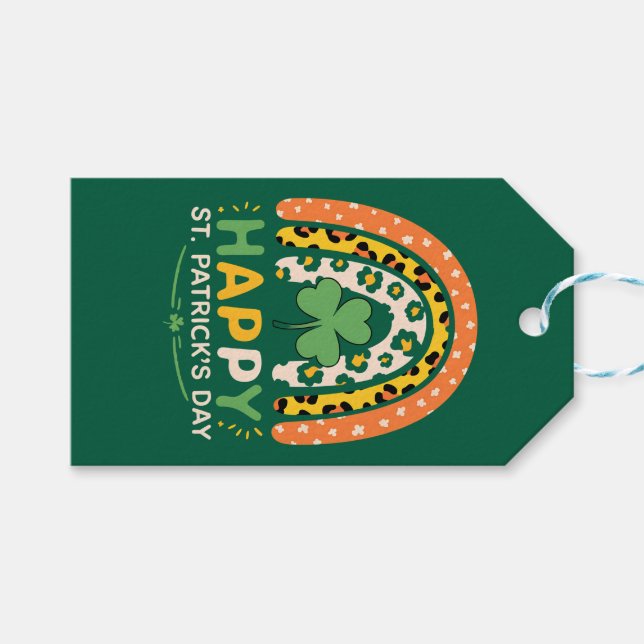 Étiquettes-cadeau Joyeux Saint Patrick Mignon Léopard Arc-en-Ciel (Devant (Horizontal))