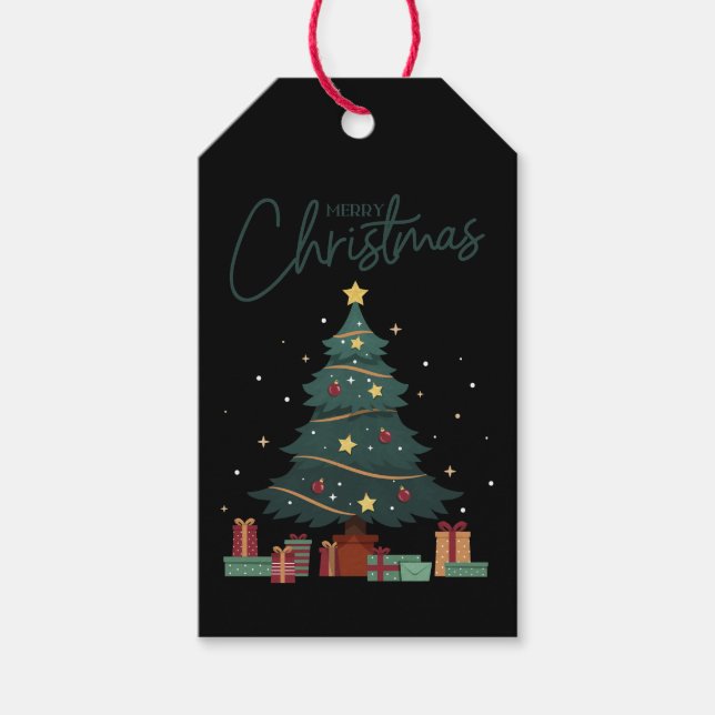 Étiquettes-cadeau Joyeux sapin de Noël de marque personnalisée Noir (Devant)
