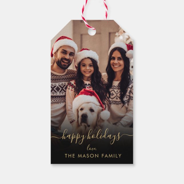 Étiquettes-cadeau Joyeux Script Black Gold Family Photo (Dos)