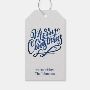 Étiquettes-cadeau Joyeux script de pinceau bleu profond de Noël Gr