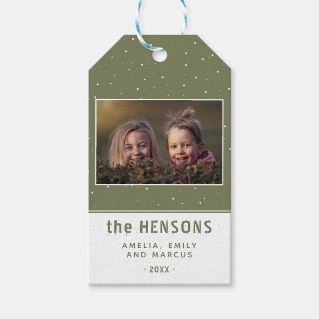 Étiquettes-cadeau Joyeux Script Olive Green Holiday Photo famille (Devant)