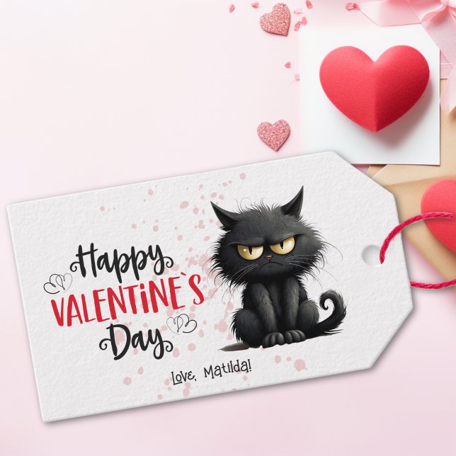 Étiquettes-cadeau Joyeux Valentines Jour Drôle Chat Noir (Créateur téléchargé)