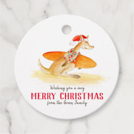 Étiquettes Cadeau Kangourou de surf mignon aquarelle Noël