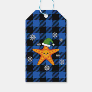 Étiquettes-cadeau Kawaii Xmas Starfish sur Blue Buffalo Motif
