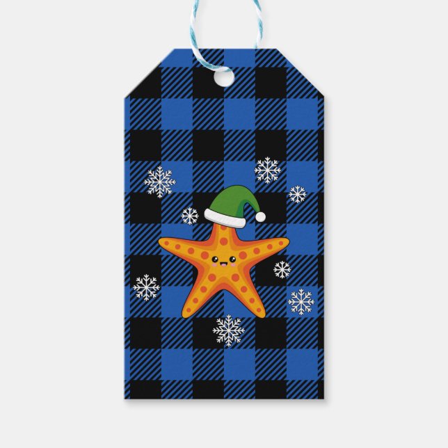 Étiquettes-cadeau Kawaii Xmas Starfish sur Blue Buffalo Motif (Devant)