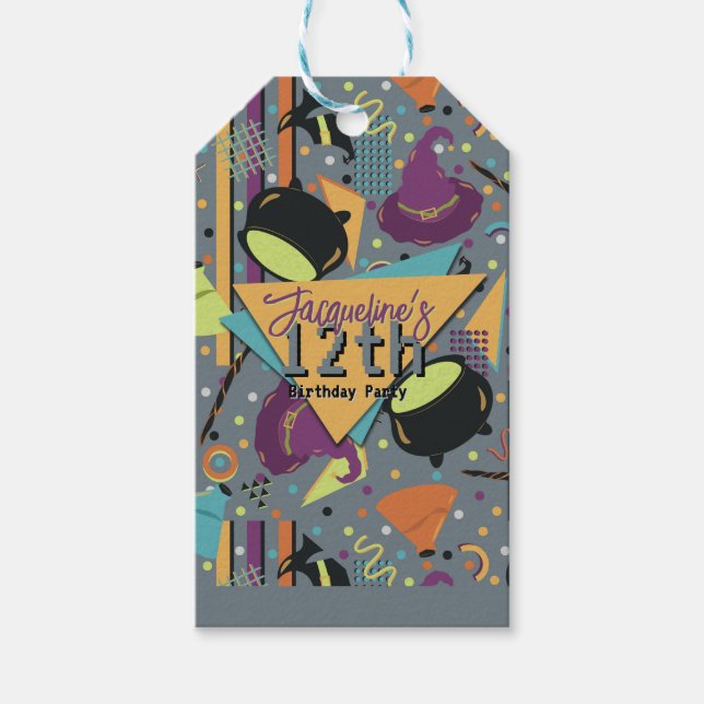 Étiquettes-cadeau Kids Gray Retro Witchy Halloween Birthday (Devant)
