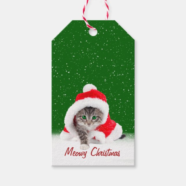 Étiquettes-cadeau Kitten à Santa Hat et Snowflakes (Devant)