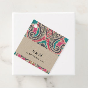 ÉTIQUETTES CADEAU KRAFT BOHO TRIBAL IKAT PINK MARIAGE TURQUOISE MONO