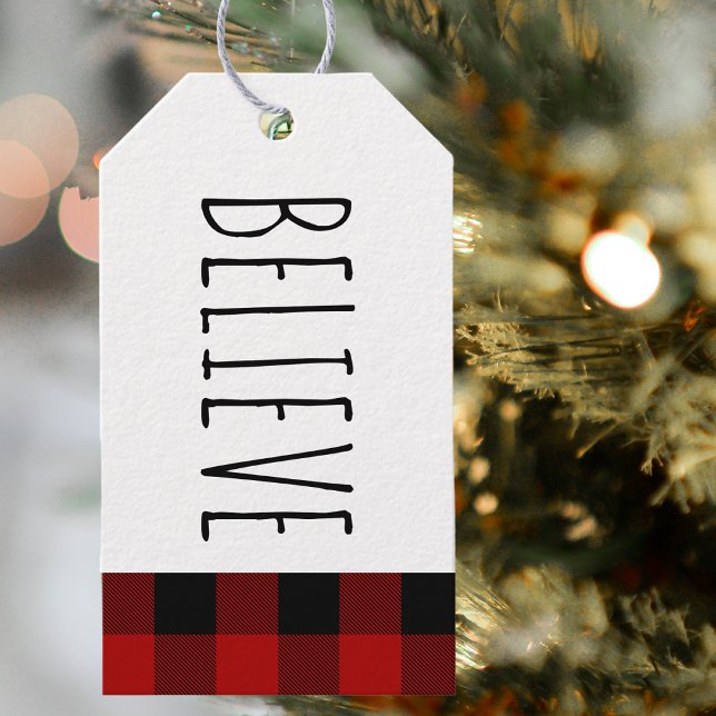 Étiquettes-cadeau Kraft Red Buffalo Plaid & Believe Christmas (Créateur téléchargé)
