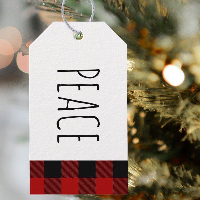 Étiquettes-cadeau Kraft Red Buffalo Plaid & Peace Christmas (Créateur téléchargé)