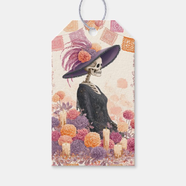 Étiquettes-cadeau La Catrina Skeleton Lady Day of Dead Decoupage (Devant)