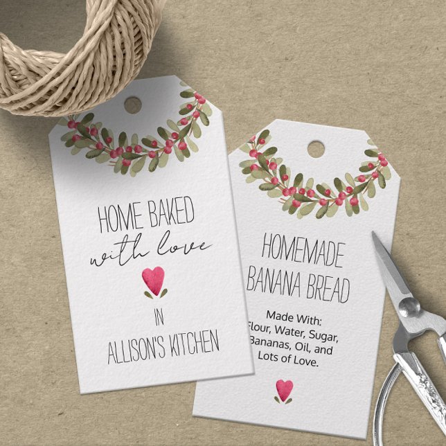 Étiquettes-cadeau La verdure des fêtes à l'aquarelle 💖🎄 Cuite avec (Watercolor Holiday Greenery 💖🎄 Baked With Love Gift Tags
)