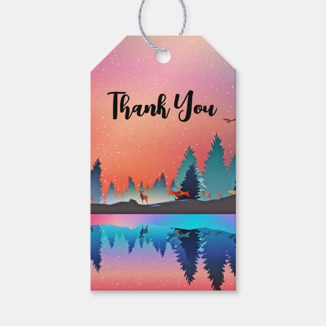 Étiquettes-cadeau Lac d'hiver pittoresque avec Merci de cerfs (Devant)