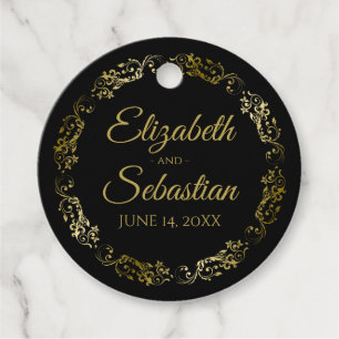 Étiquettes Cadeau Lacy Gold Frills Bordure Elégant Mariage noir