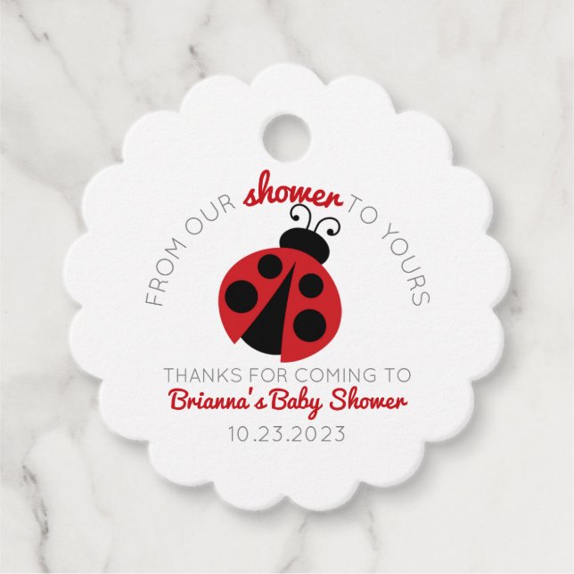 Étiquettes Cadeau Ladybug de notre douche à votre Baby shower (Devant)