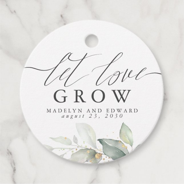 Étiquettes Cadeau Laisser l'amour grandir Gold Green Mariage élégant (Devant)