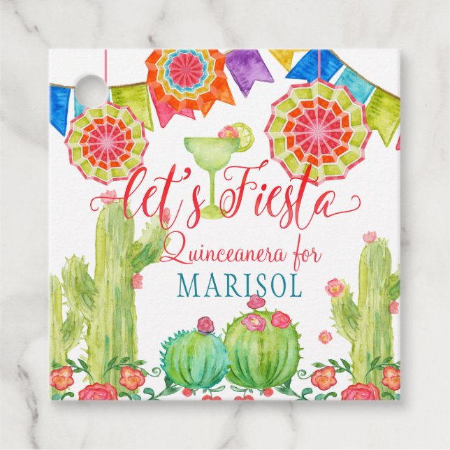 Étiquettes Cadeau Laissez Fiesta Quinceanera Party aquarelle Cactus (Devant)