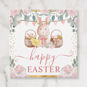 Étiquettes Cadeau Lapin à l'aquarelle et fleurs roses