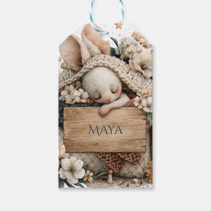 Étiquettes-cadeau Lapin bébé endormi avec couverture tricotée et nom
