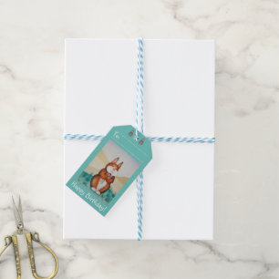 Étiquettes-cadeau lapin brun mignon avec de jolies fleurs