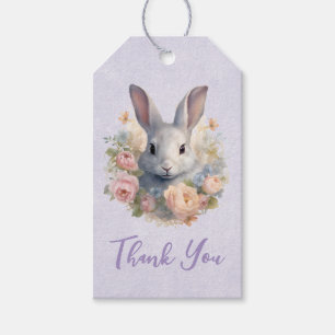 Étiquettes-cadeau Lapin entouré de fleurs pastel Mignon Merci