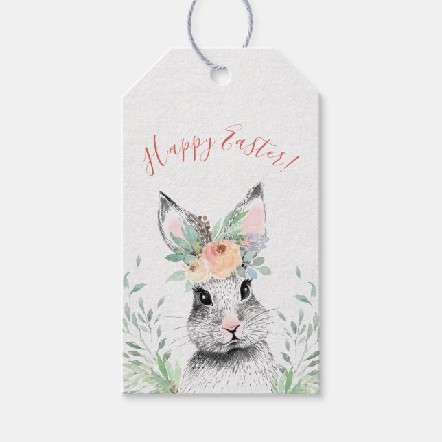 Étiquettes-cadeau Lapin Floral Joyeux Pâques (Devant)
