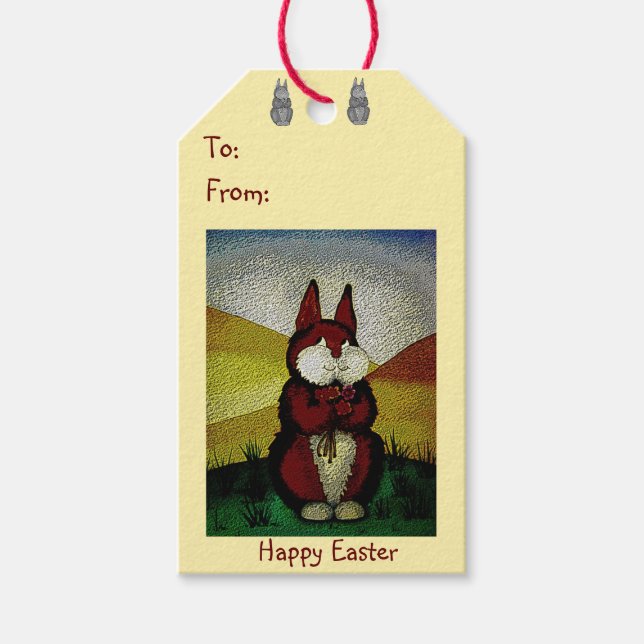 Étiquettes-cadeau lapin mignon brun avec de jolies fleurs (Devant)