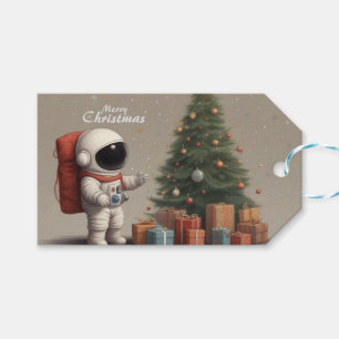 Étiquettes-cadeau L'astronaute secret Père Noël donne sous l'arbre d