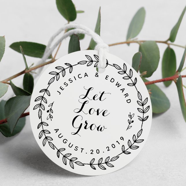 Étiquettes Cadeau Laurel Wreath Laisser l'amour grandir Mariage rond (Créateur téléchargé)