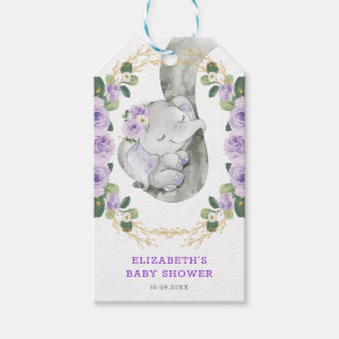 Étiquettes-cadeau Lavande Or Floral verdure Baby shower éléphant