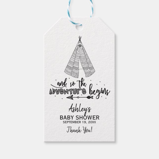 Étiquettes-cadeau L'aventure commence Teepee Baby shower Favoriser é (Devant)