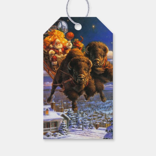 Étiquettes-cadeau Le bison tire le Père Noël (Devant)