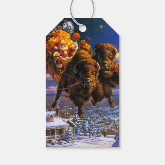 Étiquettes-cadeau Le bison tire le Père Noël (Devant)