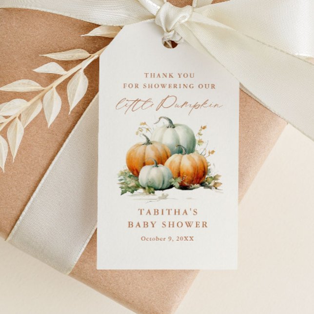 Étiquettes-cadeau Le Merci du Baby shower de l'automne du petit Citr (An elegant fall little pumpkin neutral baby shower thank you favor tag in orange and green.)
