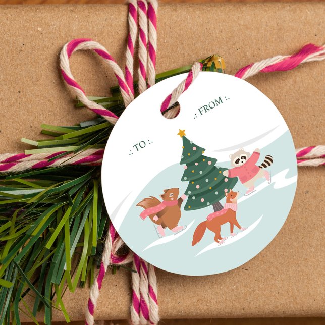Étiquettes Cadeau Les Animaux De Forêt Boisée Patinage Sur Glace De  (Woodland Forest Animals Ice Skating To From Label)