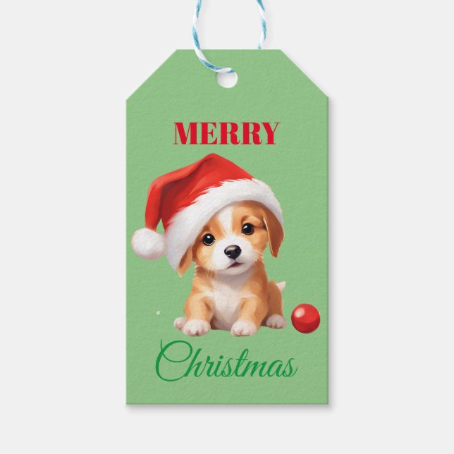 Étiquettes-cadeau Les animaux mignons chiot d'hiver Chien Père Noël  (Devant)