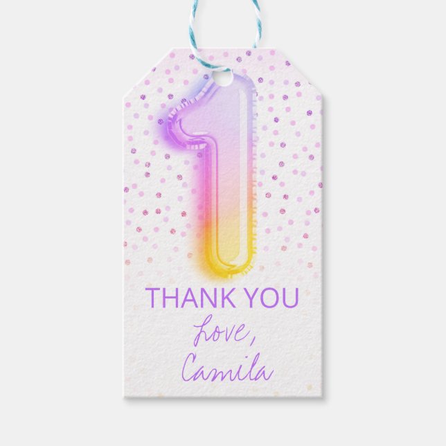 Étiquettes-cadeau Lettre arc-en-ciel numéro un 1er anniversaire (Devant)